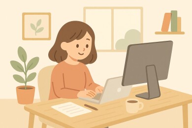 手绘风女性居家办公插画