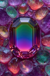 黑底桌面堆积的荧光色华丽宝石晶体3D插画