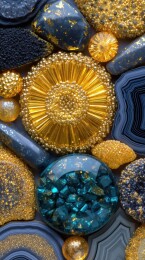 黑底黄金宝石环绕华丽钻石图案3D立体插画