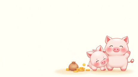 两只可爱小猪依偎在金币袋上2D卡通