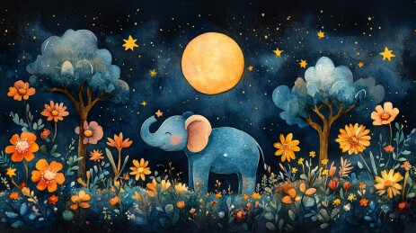 月夜下的小象插画