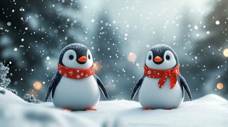 戴红围巾的可爱企鹅雪景图