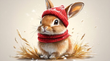 戴帽围脖的可爱小兔子插画