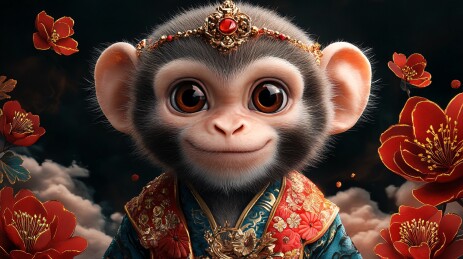中式装扮可爱小猴插画