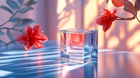 透明方瓶与红花光影画面