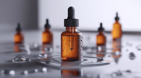 棕色滴管瓶与水滴画面