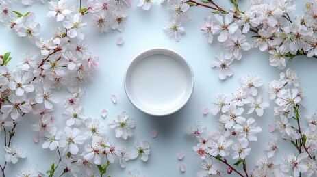 浅蓝背景中的樱花与白瓷碗