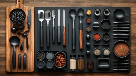 整齐排列的黑色厨房器具与调料