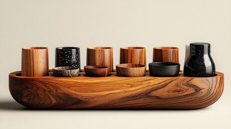 木托盘上的各式木质杯具