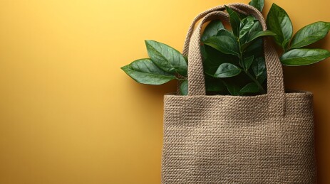 黄背景上装着绿叶的麻布手提袋