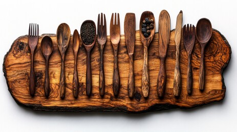 木盘上的各式木质餐具