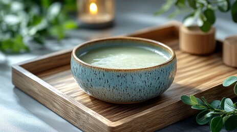 木盘上的陶瓷抹茶碗