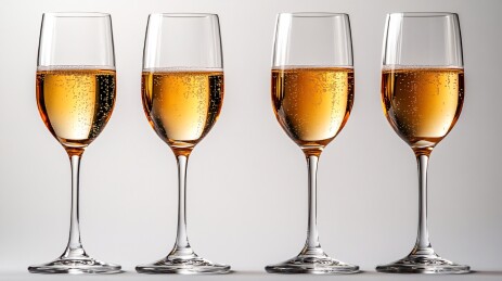 四杯盛有液体的高脚香槟杯