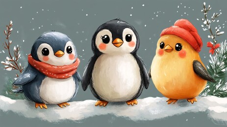 雪地里的企鹅与小鸟