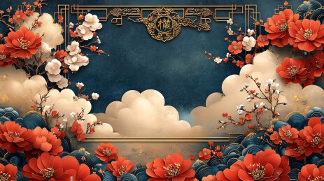 中式繁花祥云福字插画背景