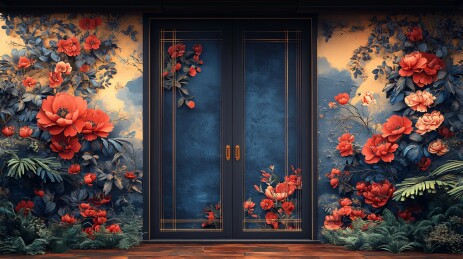 繁花环绕的复古双开门插画