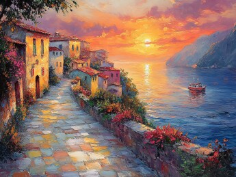 海边黄昏小巷油画美景