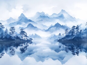 水墨山水湖景插画