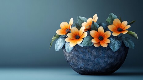 蓝盆中的橙花插画