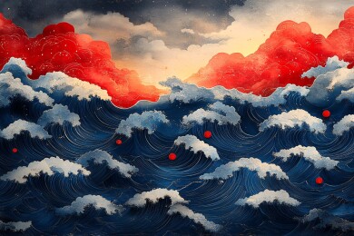 汹涌海浪与绚烂红云景象