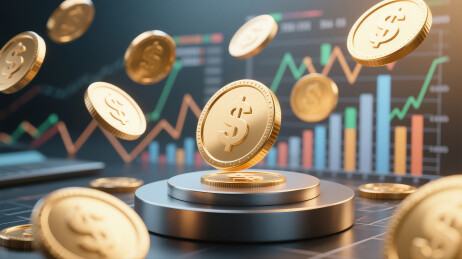 带有美元符号的金币在上升趋势的金融图表前