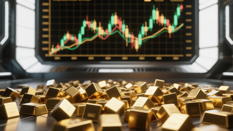 大量金条前有显示上升趋势的金融图表屏幕