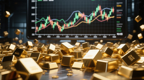大量金条前有显示上升趋势的金融图表屏幕