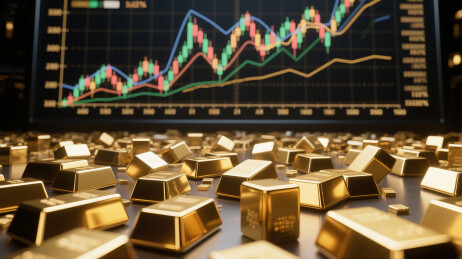 大量金条前有显示上升趋势的金融图表屏幕