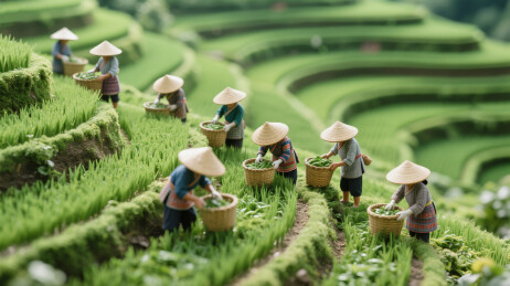 微缩场景戴着斗笠的人们在梯田里劳作