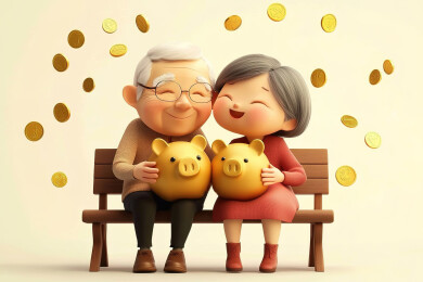 老年夫妻抱着存钱罐安享退休生活养老金概念