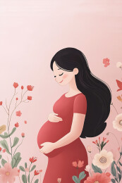 幸福的孕妇抚摸肚子卡通插画和二胎生育概念