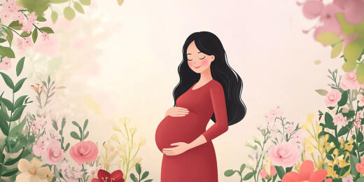 幸福的孕妇抚摸肚子卡通插画和二胎生育概念