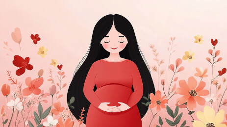 幸福的孕妇抚摸肚子卡通插画和二胎生育概念