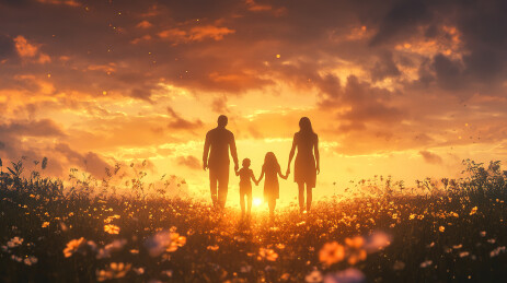 黄昏夕阳中幸福的一家四口插画和二胎概念