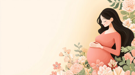 幸福的孕妇抚摸肚子卡通插画和二胎生育概念