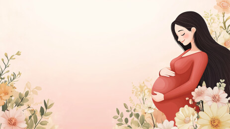 幸福的孕妇抚摸肚子卡通插画和二胎生育概念