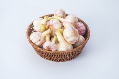 白色背景上藤篮里装满新鲜采摘的大蒜生蒜