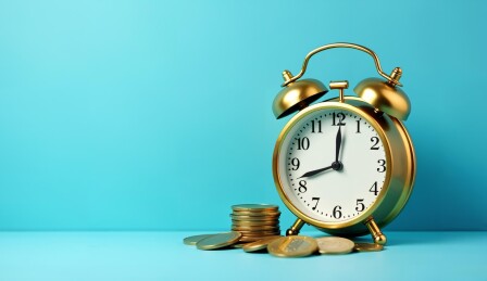 蓝色背景上堆叠硬币的金色闹钟