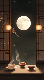 中秋节月圆夜庭院古建筑茶香