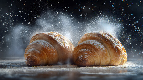 黑色背景中的金黄色牛角面包