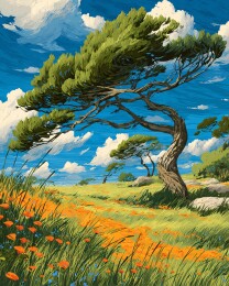 原野上的孤松与繁花插画