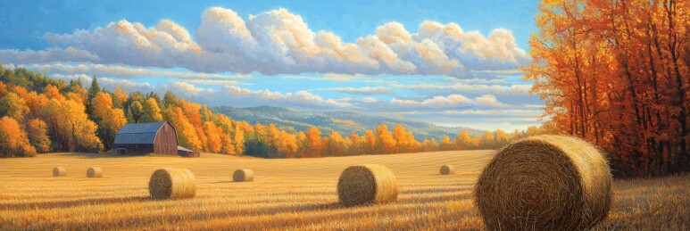 红谷仓暖色调秋日田野场景