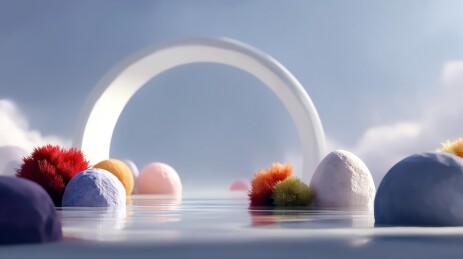 色彩斑斓的毛绒球与白色拱门