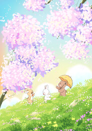春日萌趣小动物赏樱场景治愈系插画