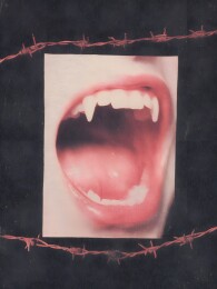 带刺铁丝框中张开的尖牙之口