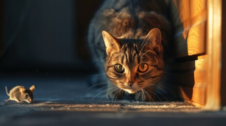 角落中专注捕鼠的猫咪