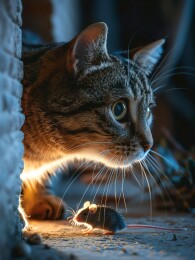 角落中专注捕鼠的猫咪