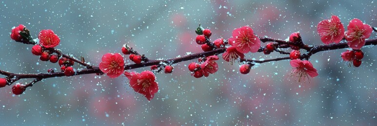 粉梅雪景唯美自然场景