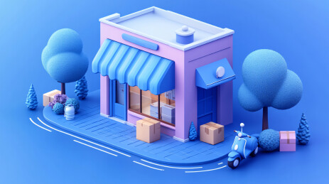 蓝底卡通店铺配送场景