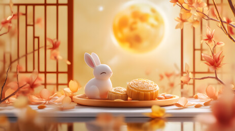 月饼旁边的可爱兔子中秋节中国古风插画